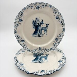 Set of 2 Vintage Retro Santa Claus Deer Christmas Plates Blue White Scalloped